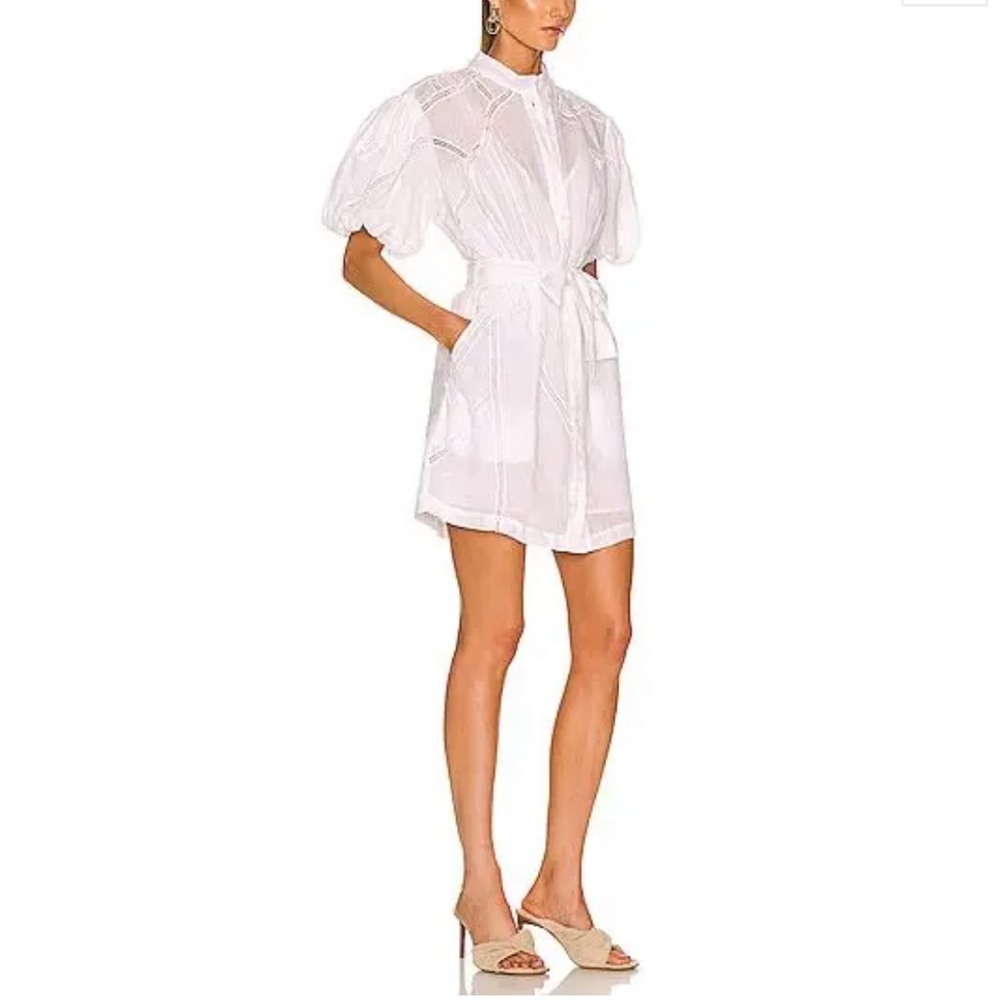 Frame Inset Lace Puff Sleeve Dress In White Blanc Size Sp